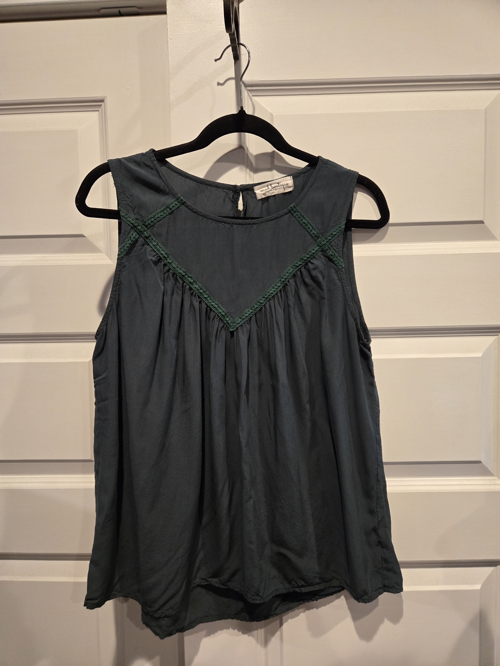 Sleeveless Dark Teal Crochet-Trim Top